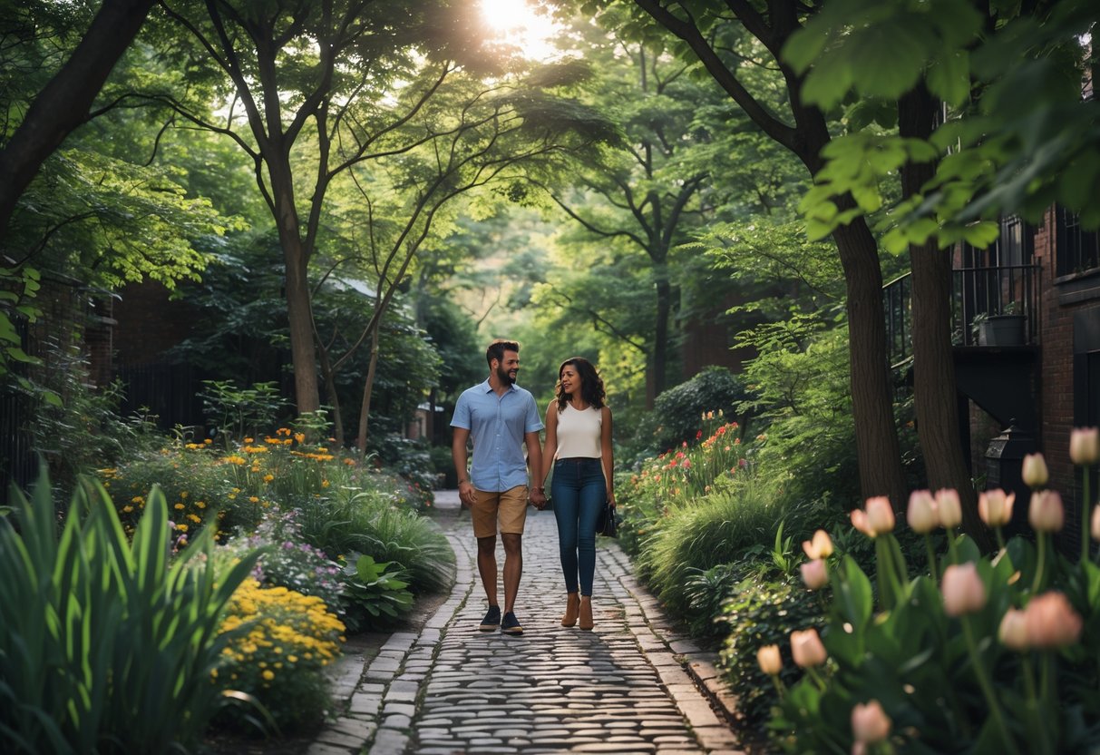 A couple walking hand in hand along a shaded garden path surrounded by trees and flowers in Brooklyn.