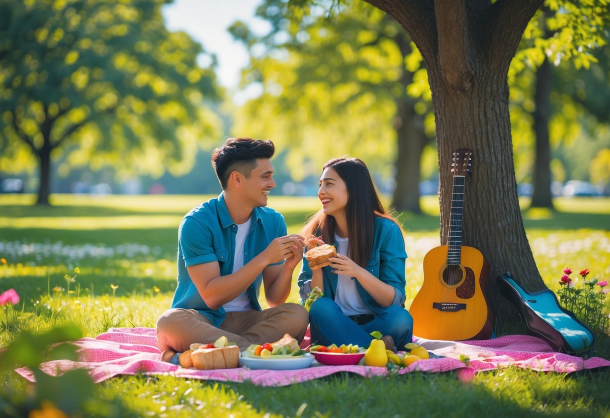 A young couple sitting on a picnic blanket in a park, enjoying a homemade picnic and smiling at each other.