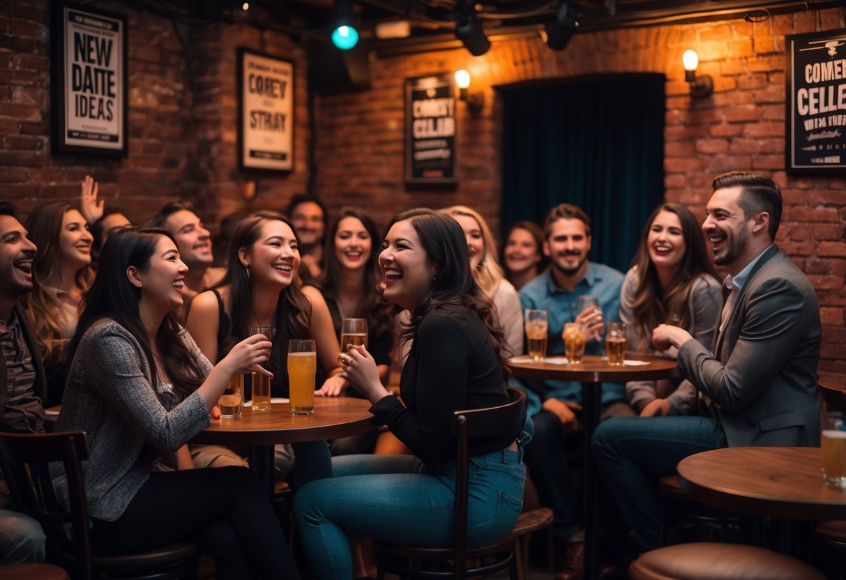 Couples and friends laughing and enjoying a stand-up comedy show inside a cozy comedy club with exposed brick walls and warm lighting.