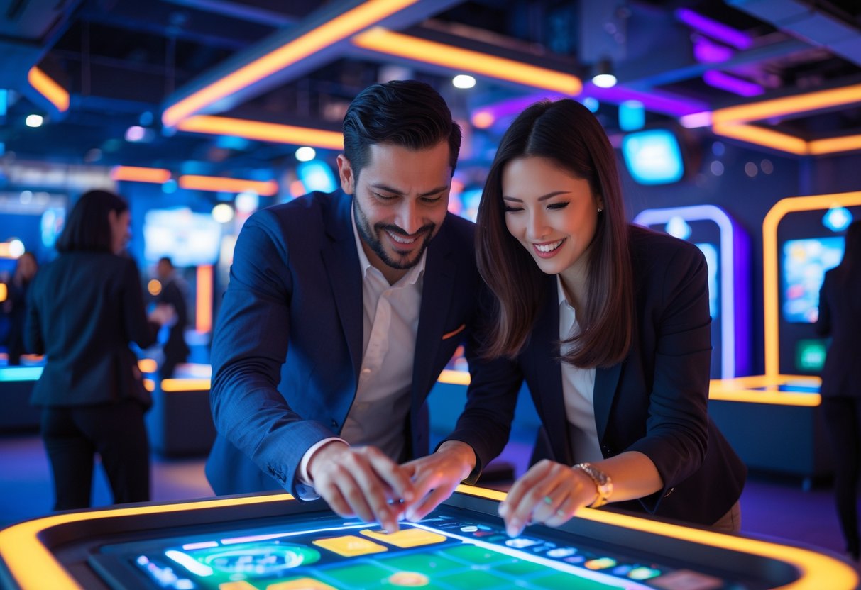 A couple playing interactive spy-themed games together indoors at SPYSCAPE in New York City.