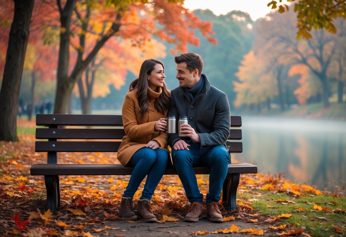 A couple sitting on a bench in a park surrounded by colorful autumn leaves, sharing a warm drink and smiling at each other.