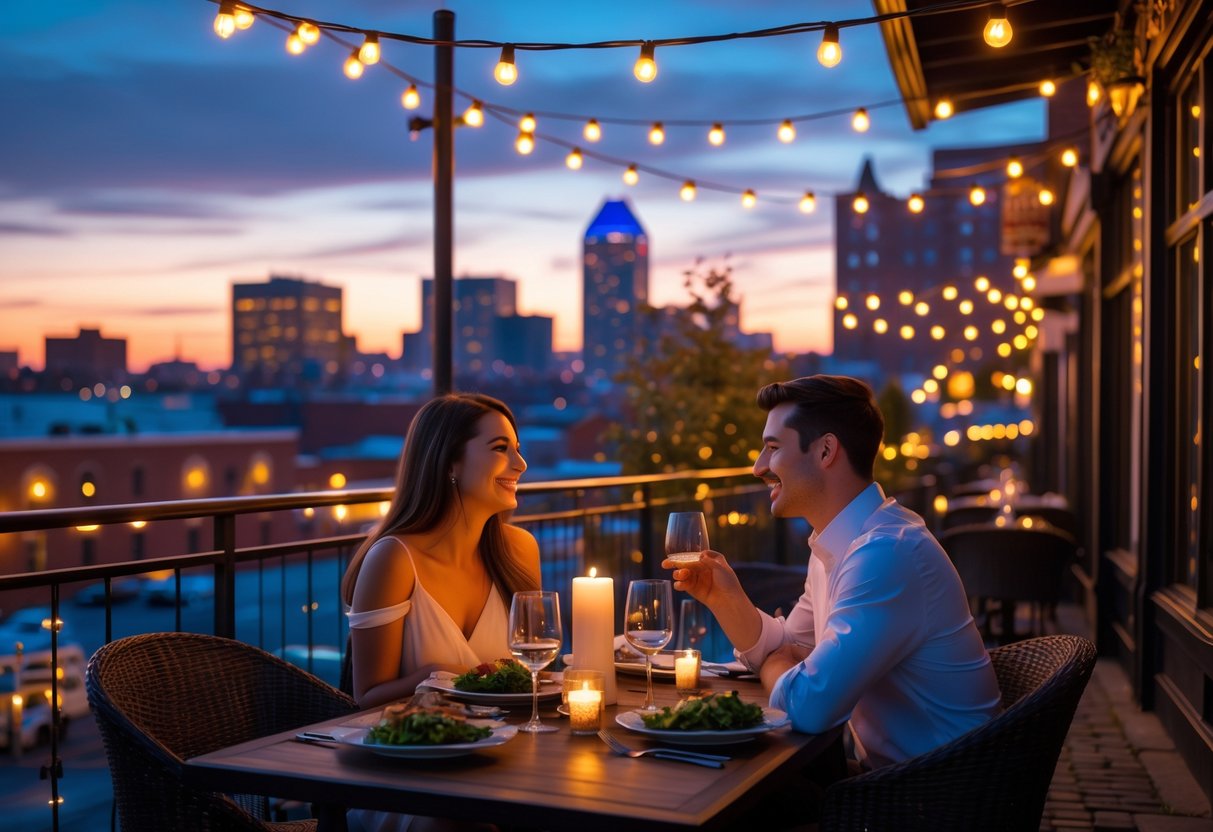 A couple enjoying a romantic outdoor dinner at sunset with the Rochester skyline in the background.