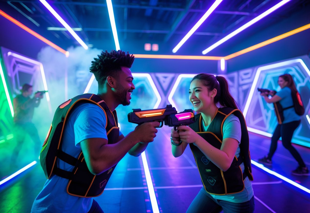 A young couple playing laser tag in a neon-lit arena, smiling and having fun together.