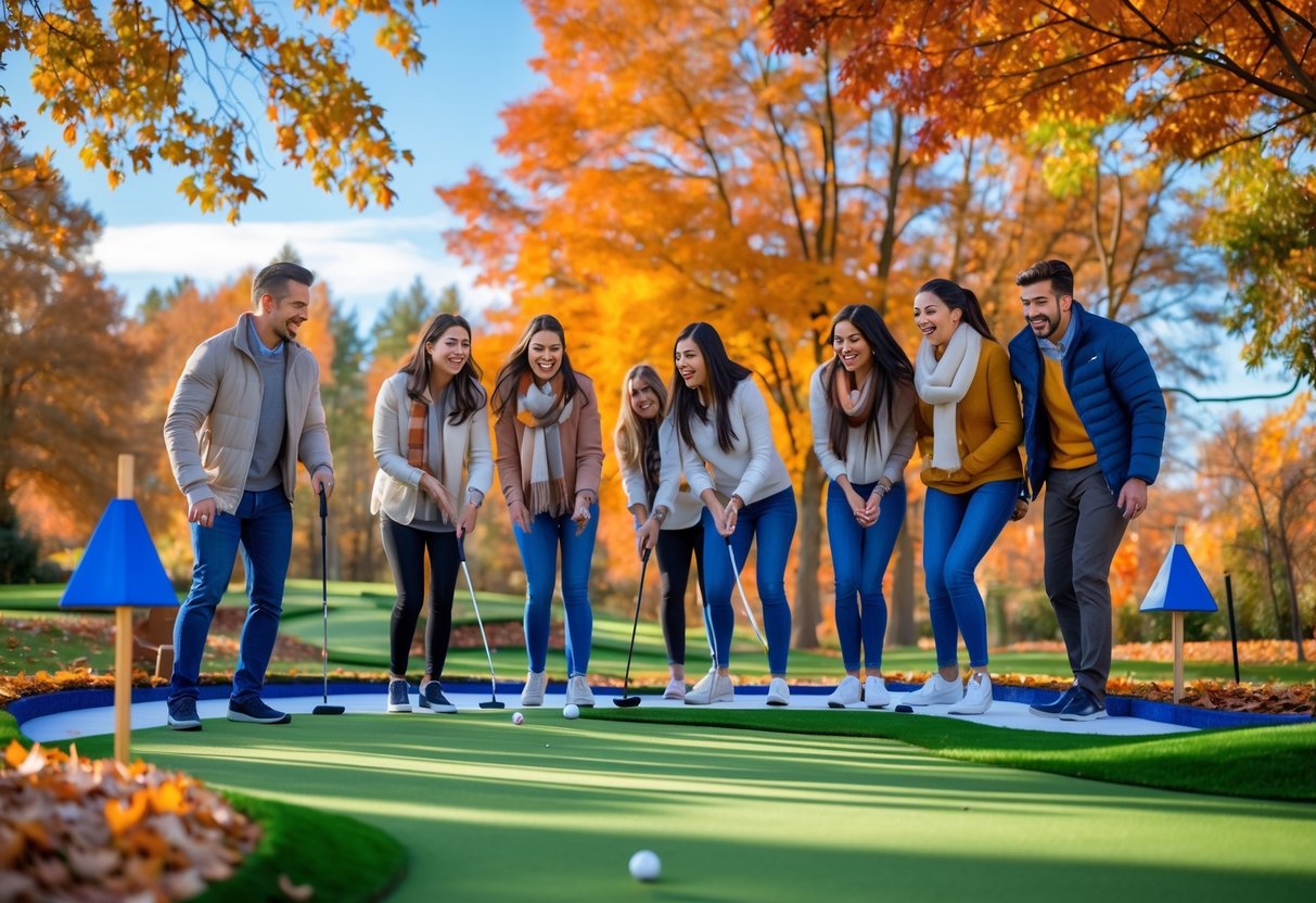 Couples and friends playing mini golf outdoors surrounded by colorful autumn trees on a clear November day.