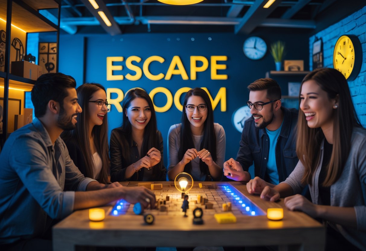 Two young couples working together on puzzles inside an escape room, surrounded by themed props and warm lighting.