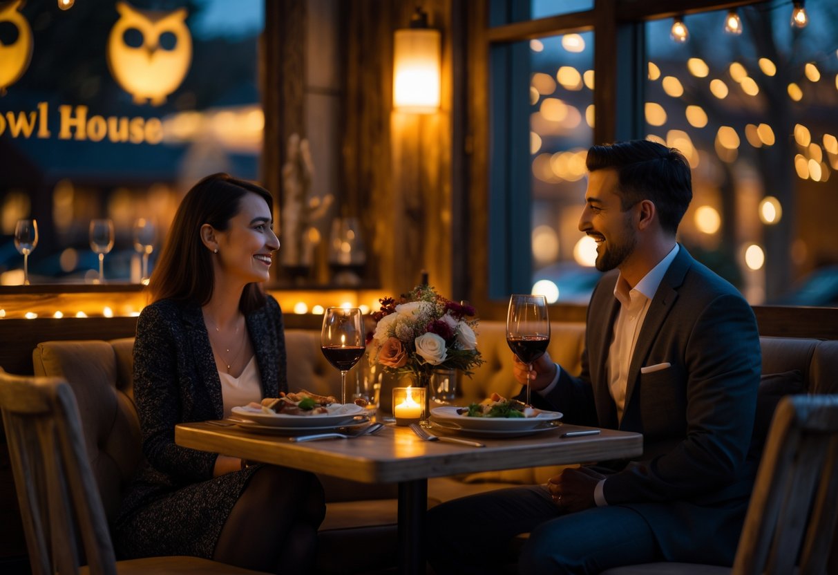 A couple enjoying a romantic dinner together at a cozy restaurant with warm lighting and elegant decor.