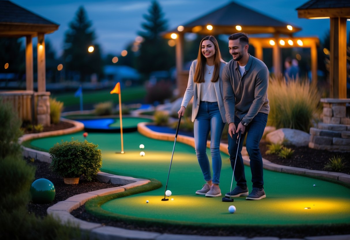 A young couple playing mini golf together outdoors in the evening at a mini golf course.