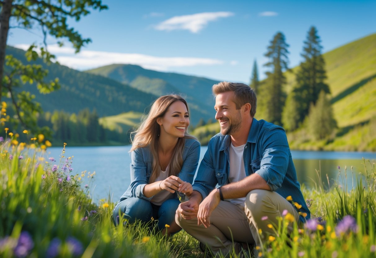 A couple enjoying a scenic outdoor date in a green landscape with hills, trees, and a lake under a clear blue sky.