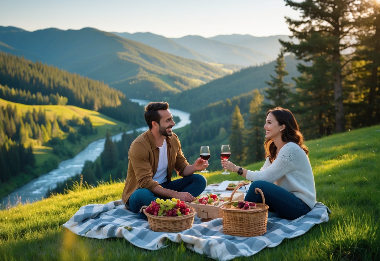 A couple enjoying a picnic on a green hillside overlooking rolling hills, forests, and a river in the distance during late afternoon.