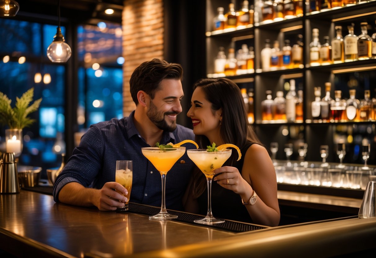 A couple enjoying craft cocktails together at a cozy bar with warm lighting.