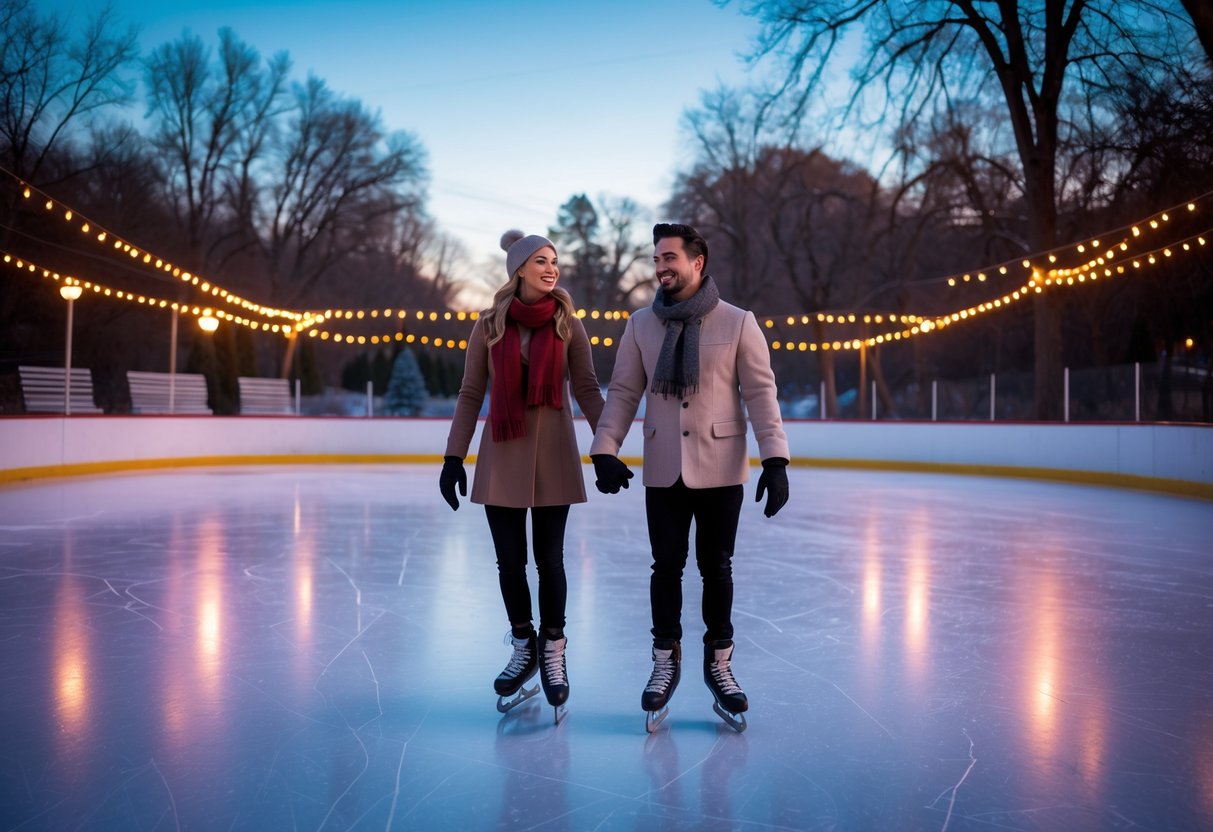 A young couple ice skating hand-in-hand at an outdoor rink in a park during twilight with string lights and trees in the background.