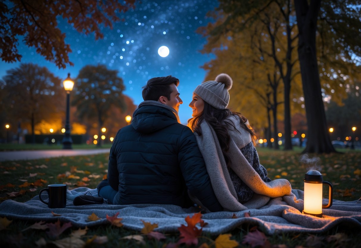 A couple sitting on a blanket in a park at night, looking up at the starry sky surrounded by autumn trees.
