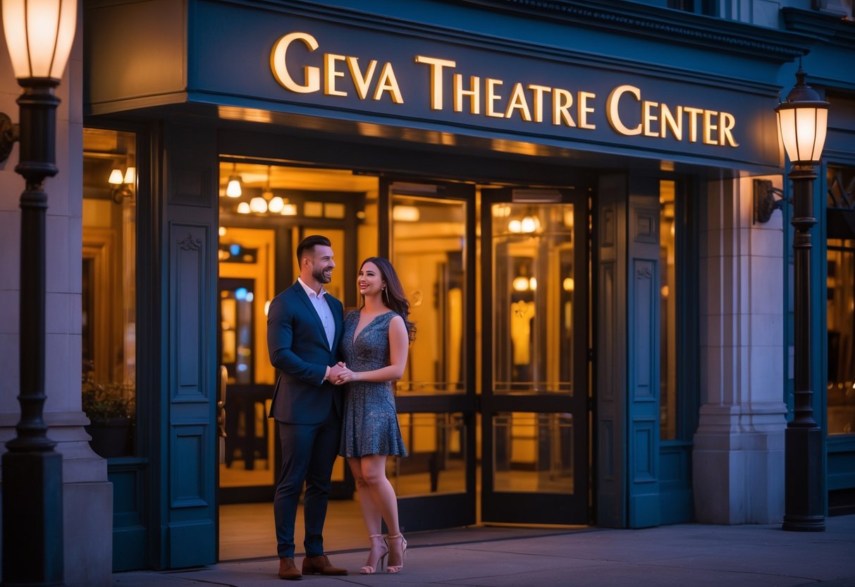 A couple standing outside the Geva Theatre Center in Rochester, holding hands and smiling before a night show.