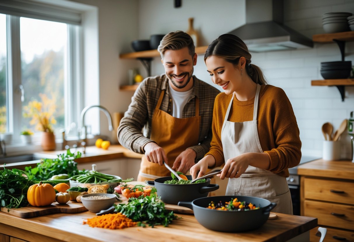 A couple cooking together in a kitchen, smiling and preparing food side by side.
