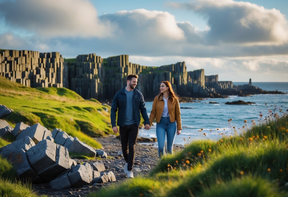A young couple walking hand in hand along the rocky coastline of the Giant's Causeway in Northern Ireland surrounded by green grass and wildflowers.