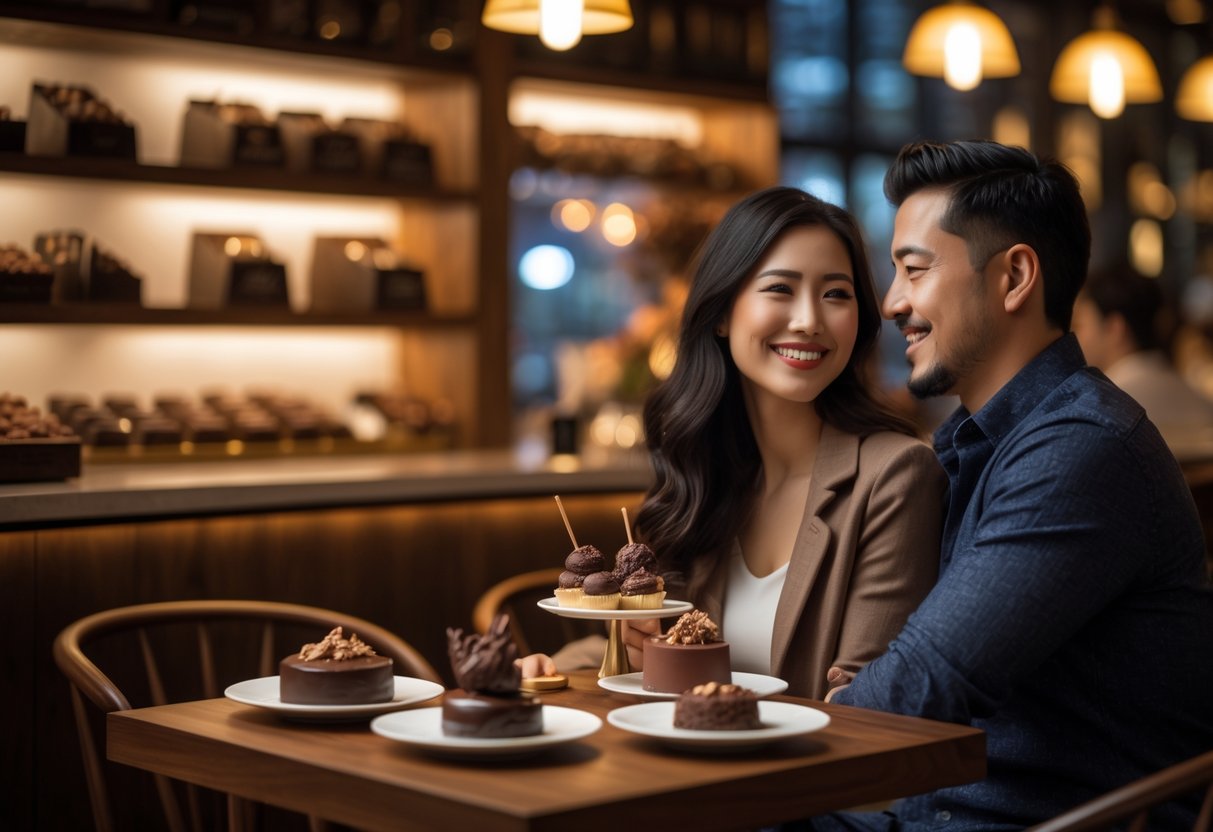 A couple enjoying chocolate desserts together at a cozy table in a warmly lit chocolate bar.