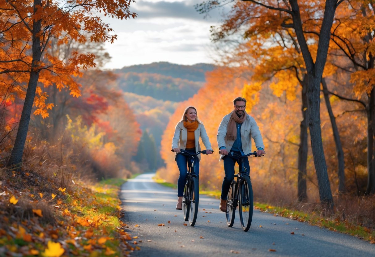 A couple riding bicycles on a paved trail surrounded by colorful autumn trees and fallen leaves.