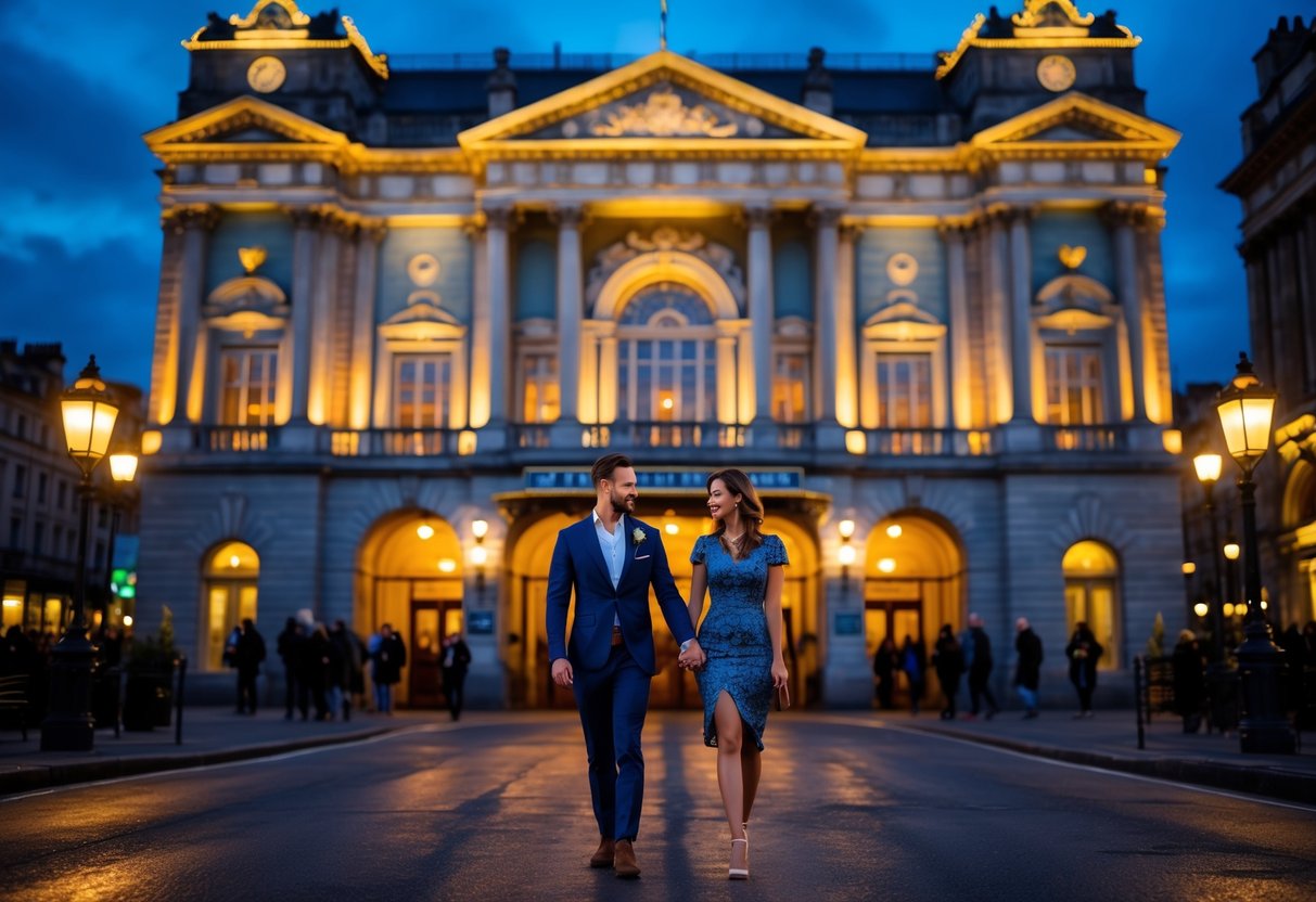 A well-dressed couple arriving at the illuminated entrance of the Grand Opera House at night.