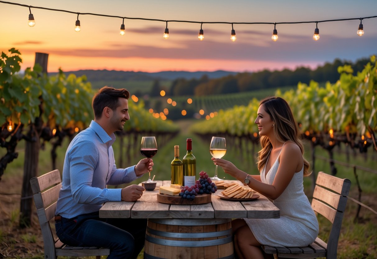A couple enjoying wine tasting outdoors at a vineyard during sunset, surrounded by grapevines and string lights.