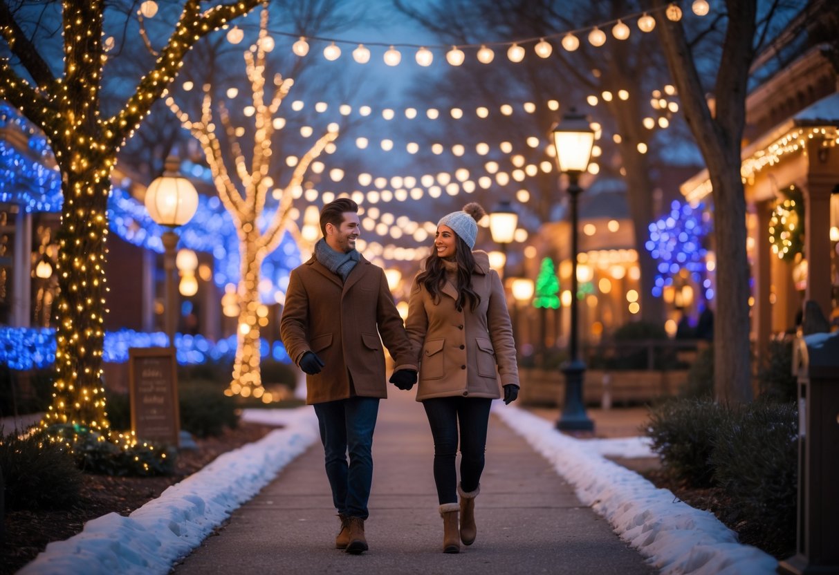 A couple walking hand-in-hand under colorful holiday lights during a winter evening.