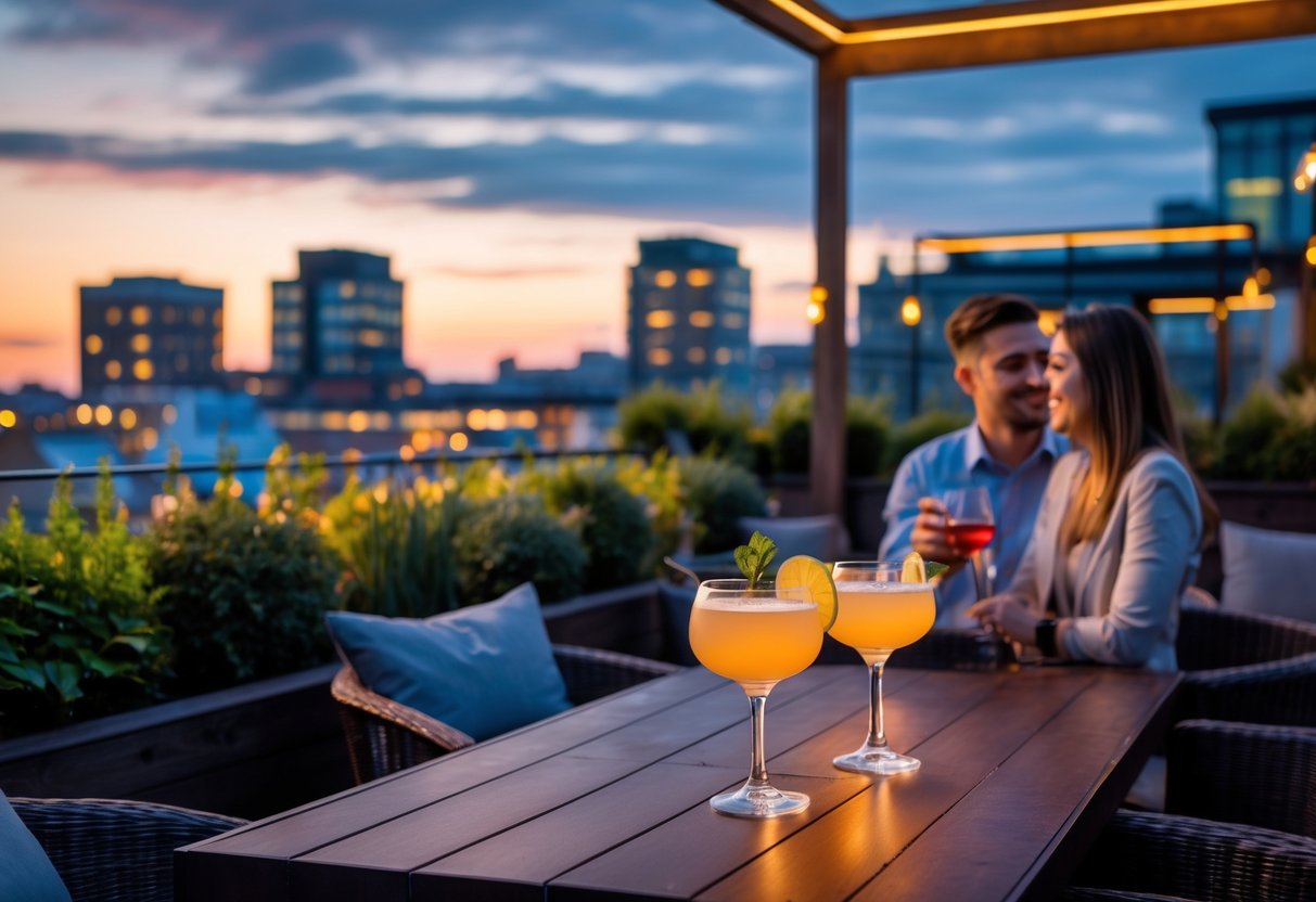 A couple enjoying cocktails at a rooftop garden bar with city buildings in the background at sunset.
