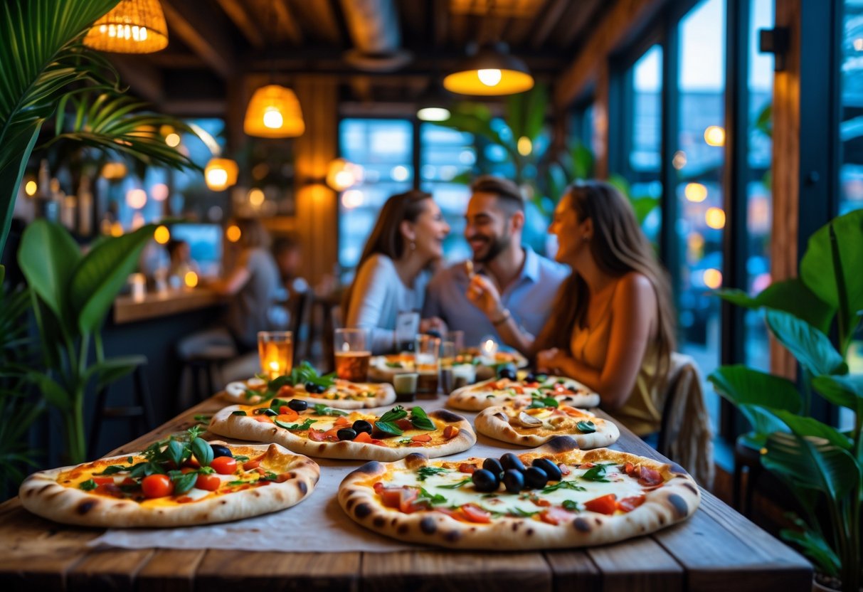 A cozy tropical-themed bar table with flatbreads and sourdough pizzas and a couple enjoying a meal together.