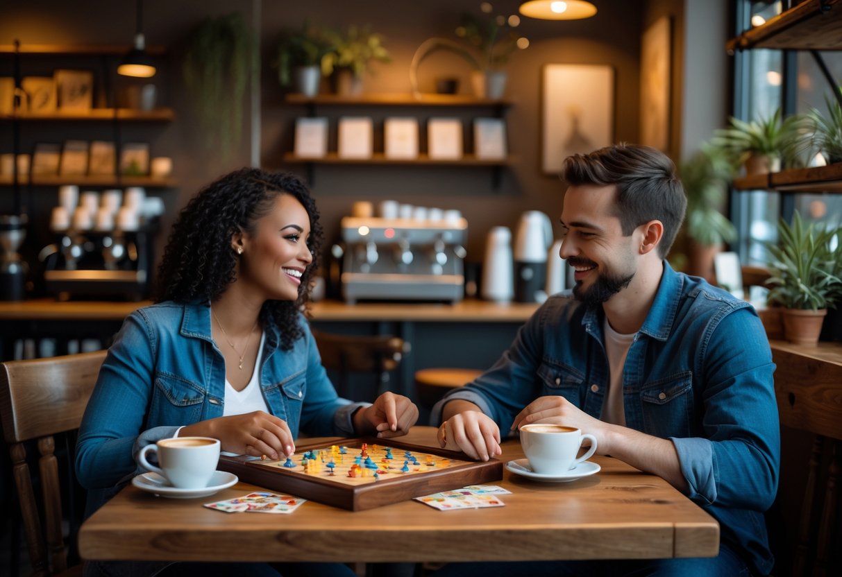 A couple playing a board game and drinking coffee together at a wooden table in a cozy coffee shop.