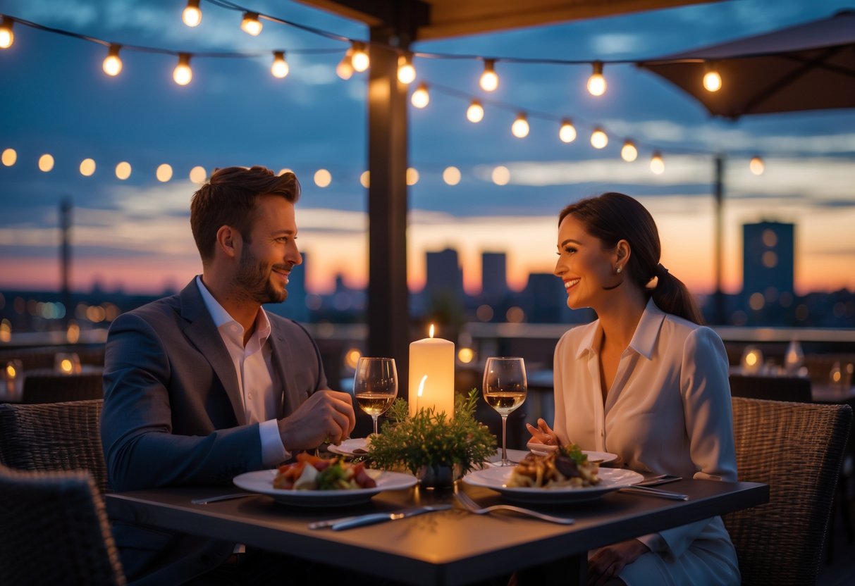 A couple enjoying a romantic dinner outdoors at an elegant restaurant with city skyline in the background at dusk.