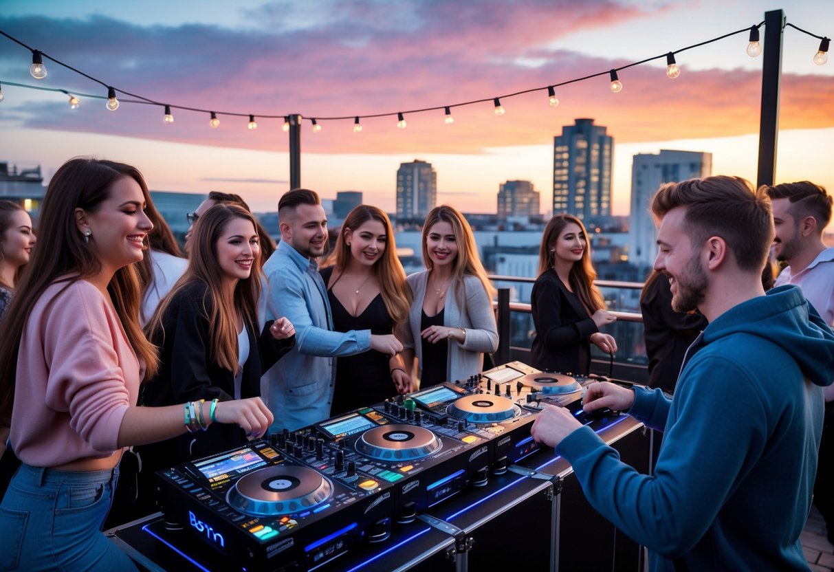 People enjoying a live DJ set on a rooftop in Belfast at sunset with city buildings in the background.