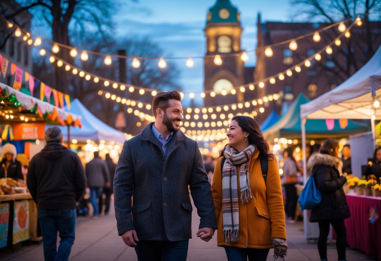 A couple walking hand in hand through a festive outdoor market in Rochester, New York during a seasonal event, surrounded by food stalls and decorations.