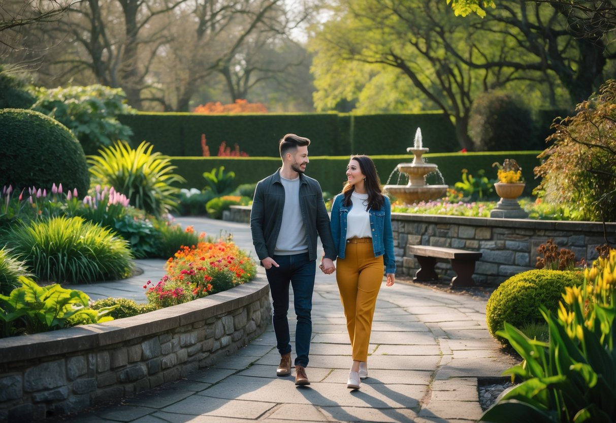 A couple walking hand in hand through a lush botanic garden with blooming flowers and greenery on a sunny day.