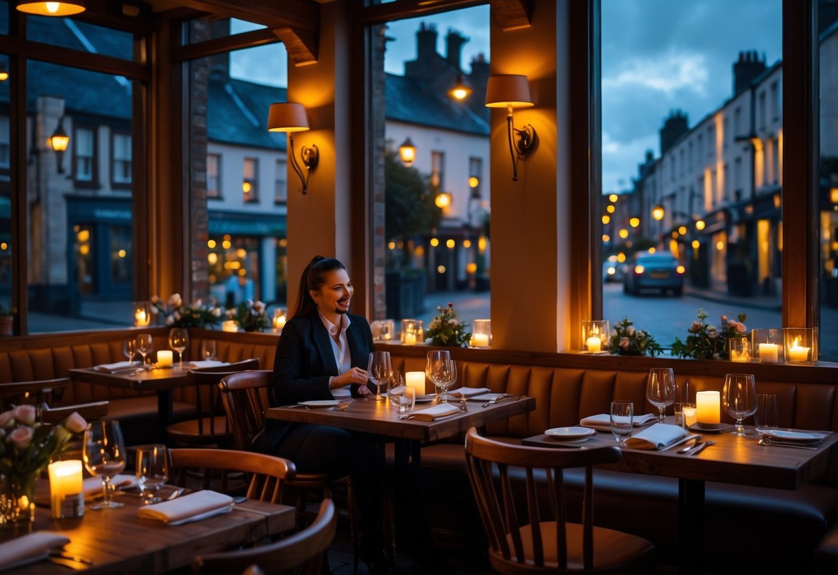 A couple enjoying a cozy dinner at a small table in a warmly lit restaurant with historic buildings visible through the windows.