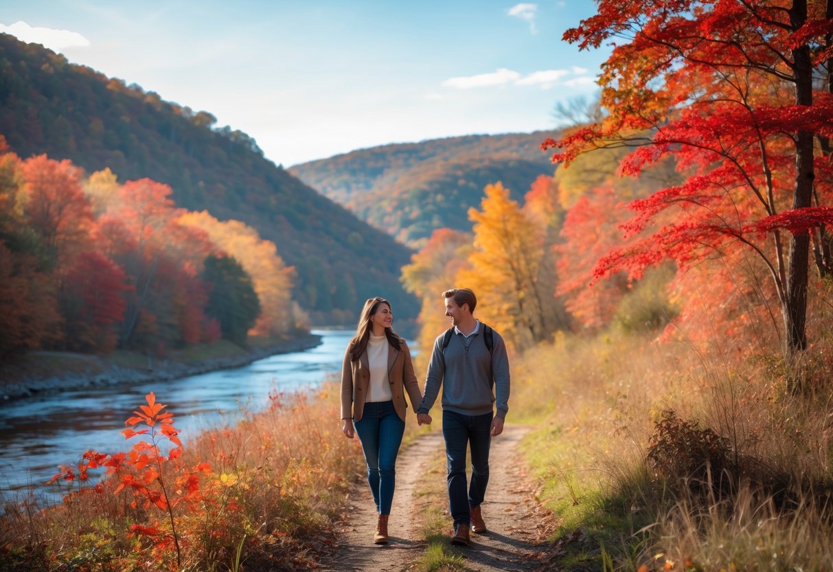 A couple walking hand-in-hand on a forest trail surrounded by colorful autumn trees and hills in the background.