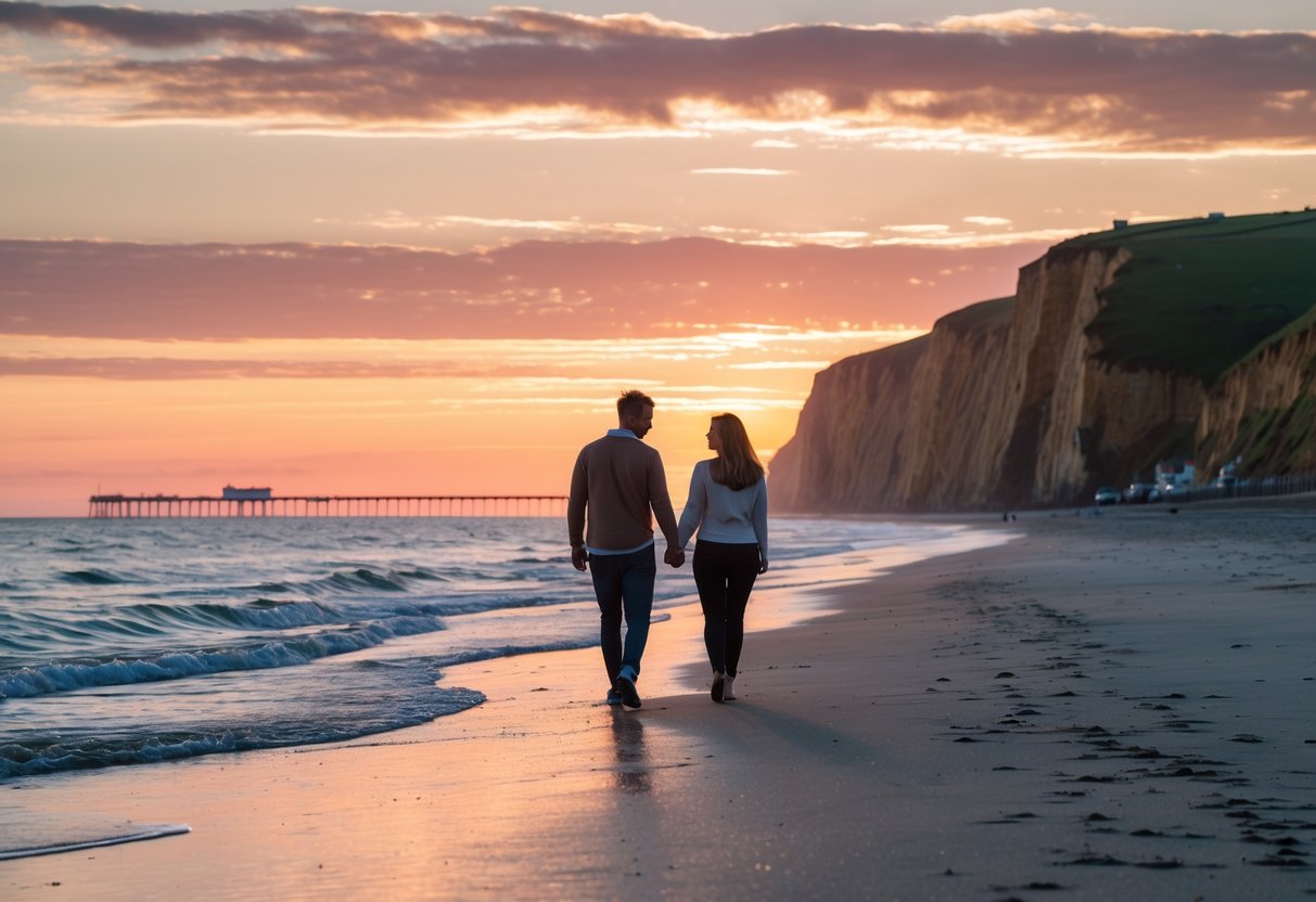 A couple walking hand-in-hand along Saltburn-by-the-Sea beach at sunset with the pier and cliffs in the background.