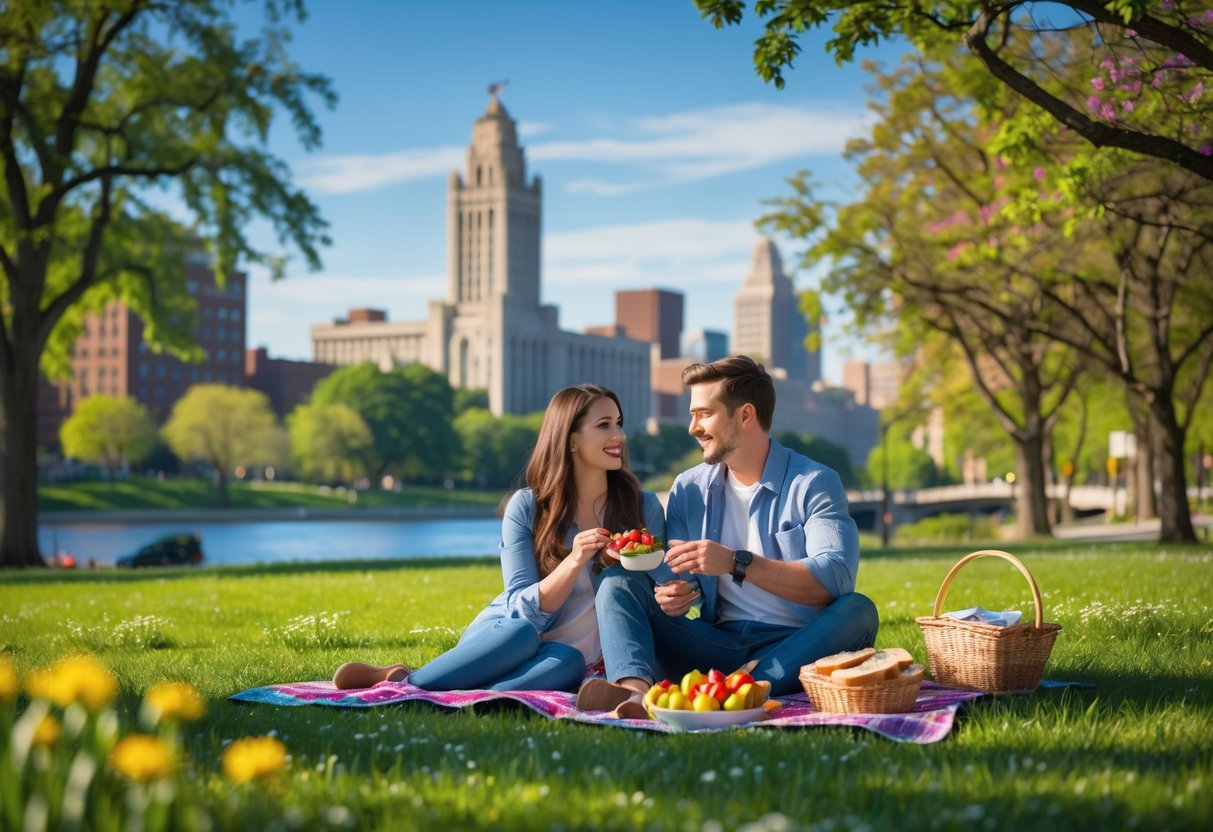 A young couple enjoying a picnic together in a green park with flowers and trees, with city buildings and a river in the background.