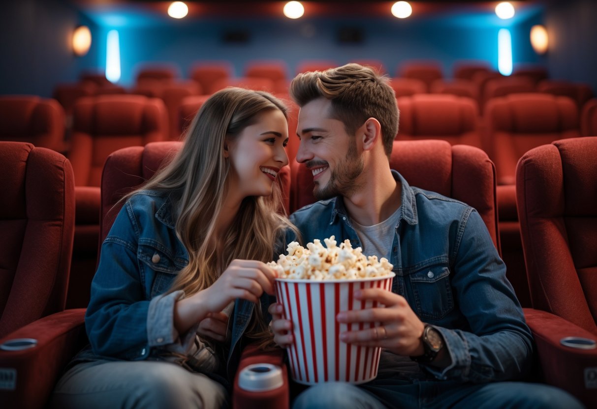A young couple sitting close together in a dimly lit cinema, sharing popcorn and smiling at each other.