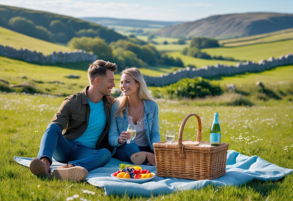 A couple having a picnic on a blanket in a grassy area with hills and trees in the background.