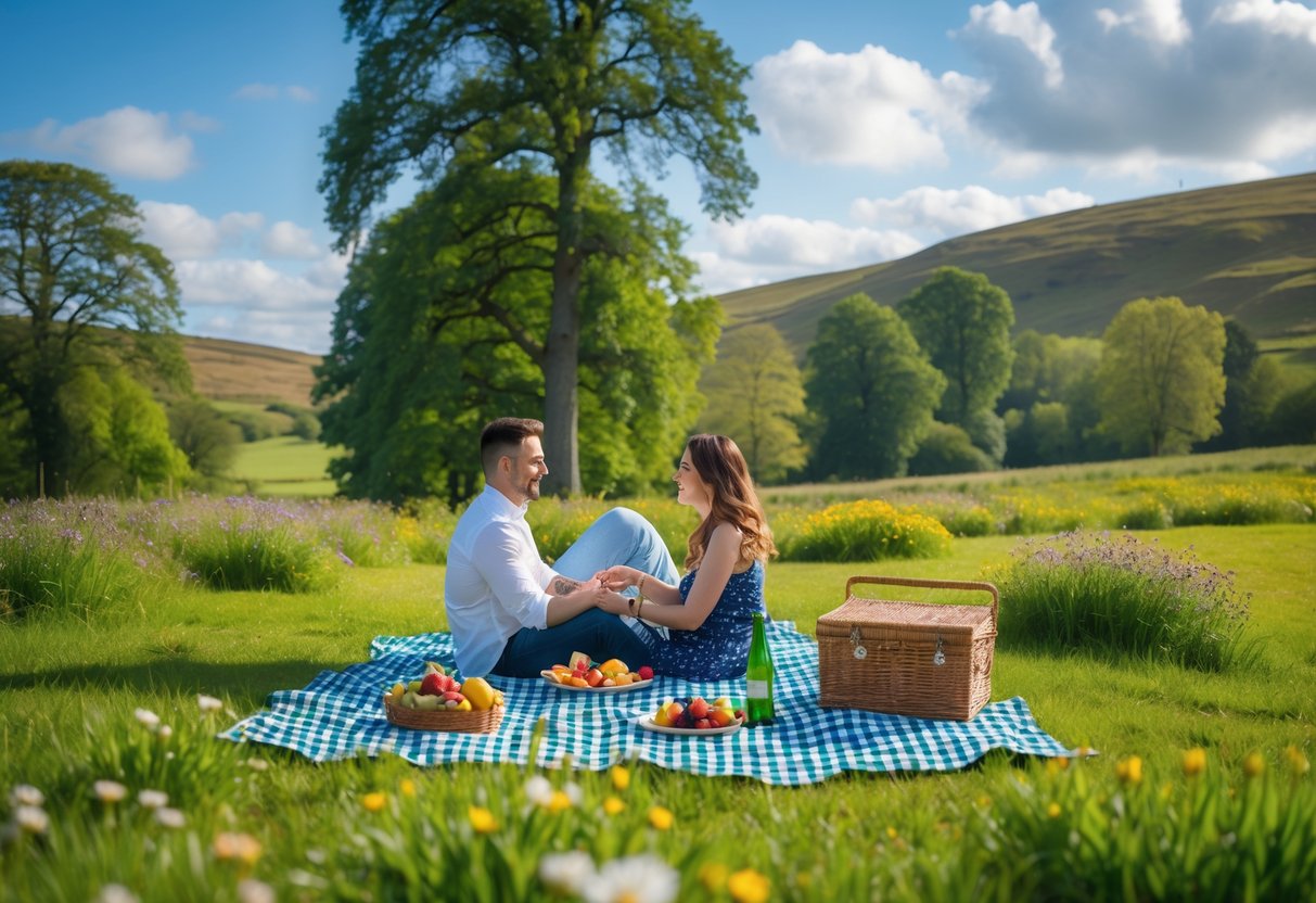 A couple having a picnic on a blanket in a green park with trees, wildflowers, and hills in the background.