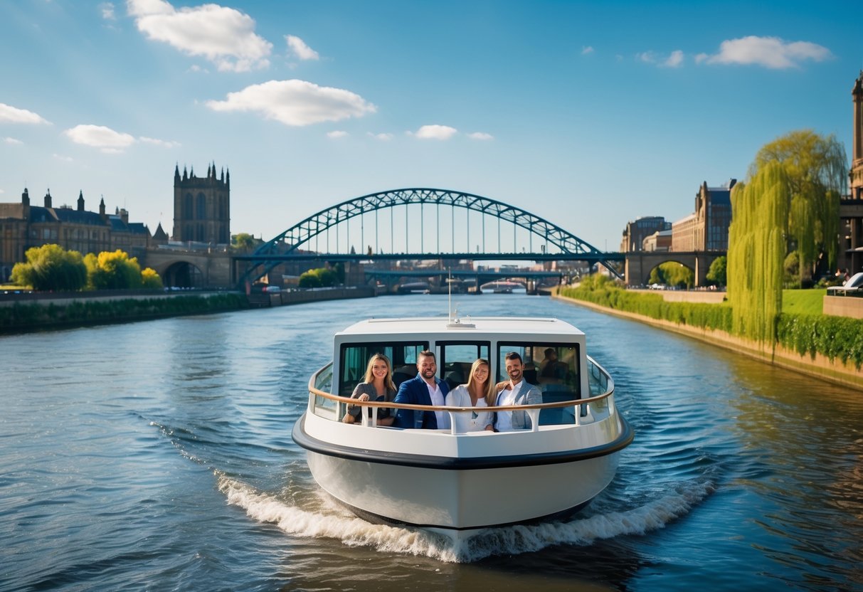 Couple enjoying a boat trip on the River Tyne with bridges and city buildings in the background.