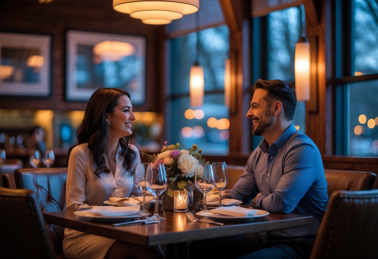 Couple enjoying a romantic dinner at an elegant restaurant with warm lighting and a cozy atmosphere.