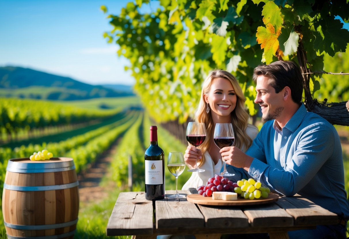 A couple enjoying wine tasting outdoors at a vineyard with wine glasses, a bottle, and cheese on a wooden table surrounded by grapevines.