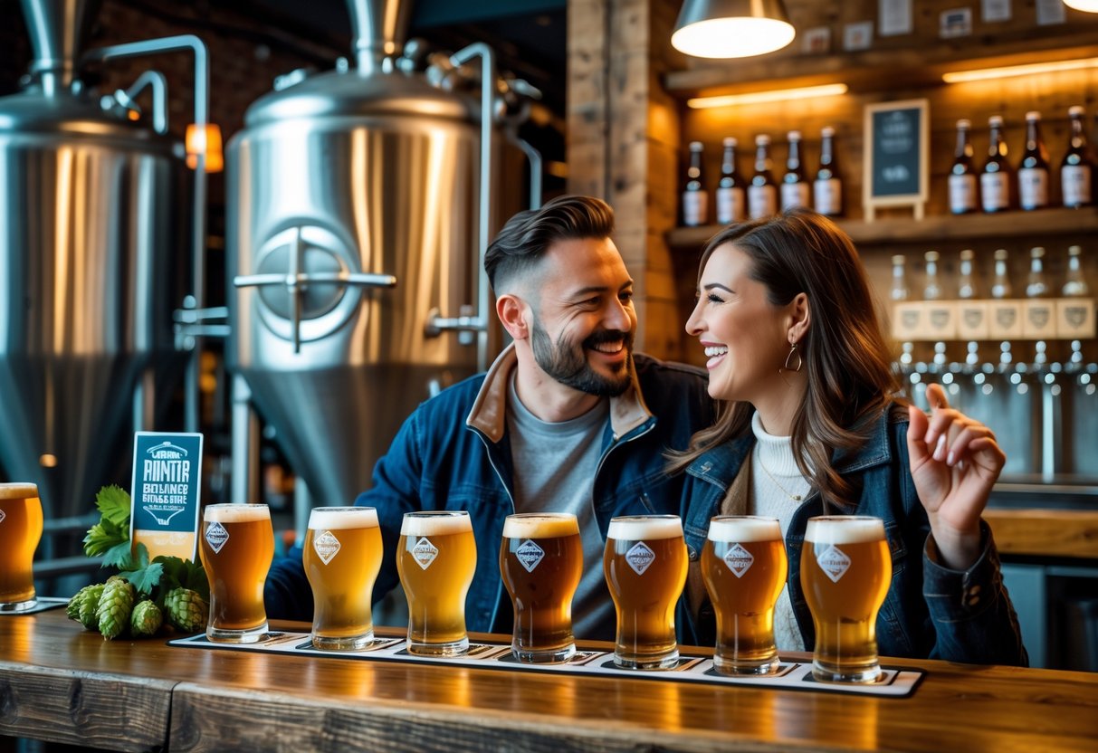 A couple enjoying craft beers together at a brewery bar with brewing equipment in the background.