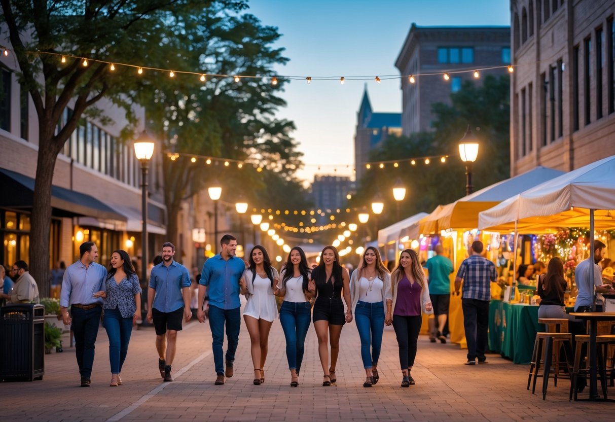 Couples and friends enjoying an outdoor evening event in downtown Rochester, Minnesota with streetlights, cafes, and vendor stalls.