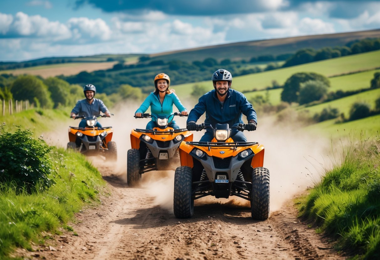 Two people riding quad bikes on a dirt trail through green countryside near Durham under a partly cloudy sky.