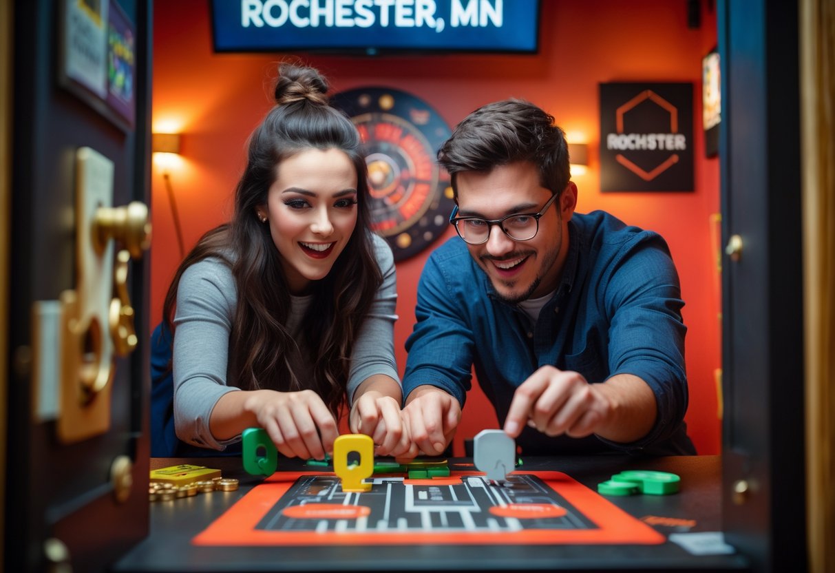 A young couple working together to solve puzzles inside an escape room, smiling and focused.