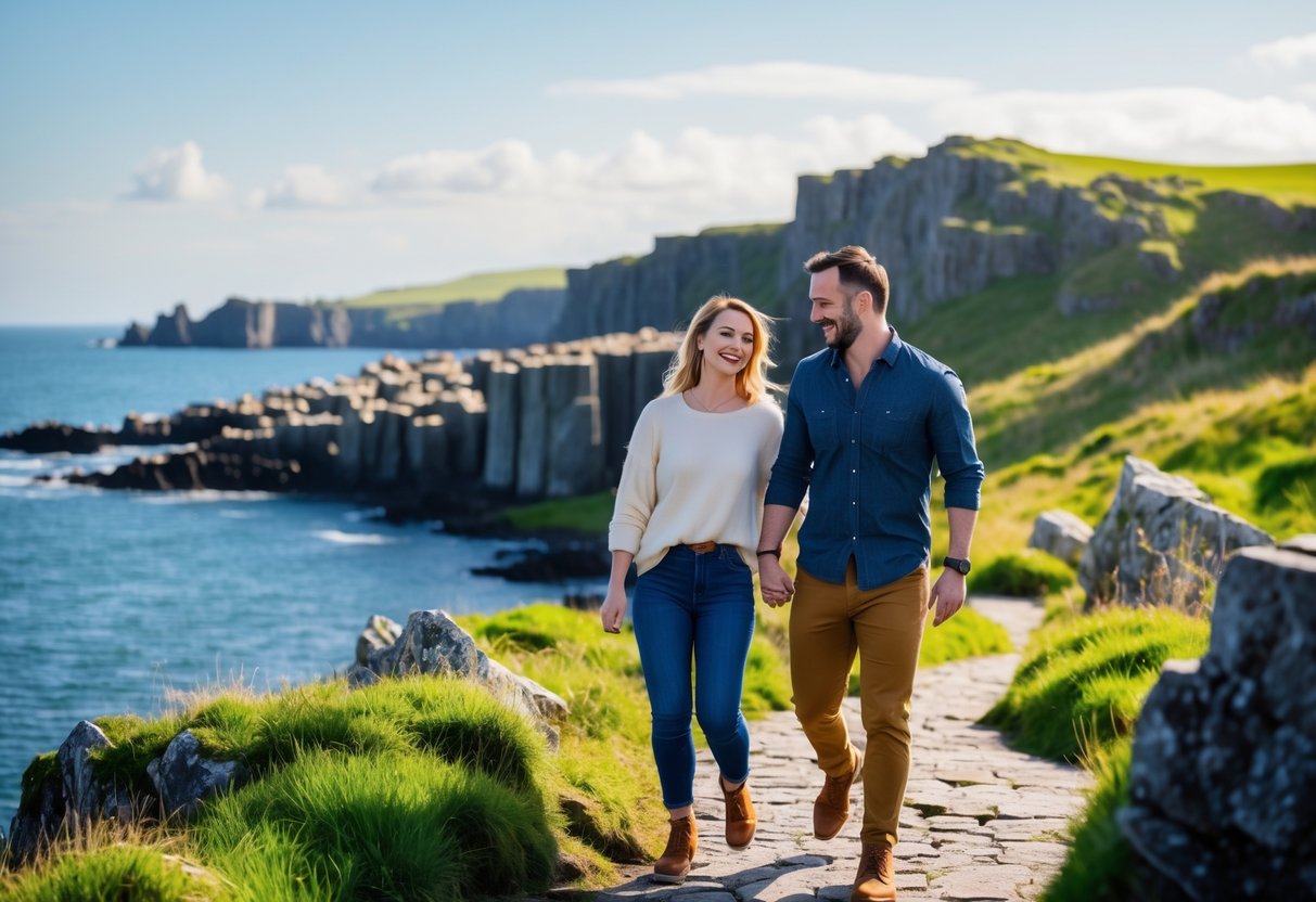 A couple walking hand-in-hand along the rocky coastline near the Giant's Causeway in Northern Ireland.