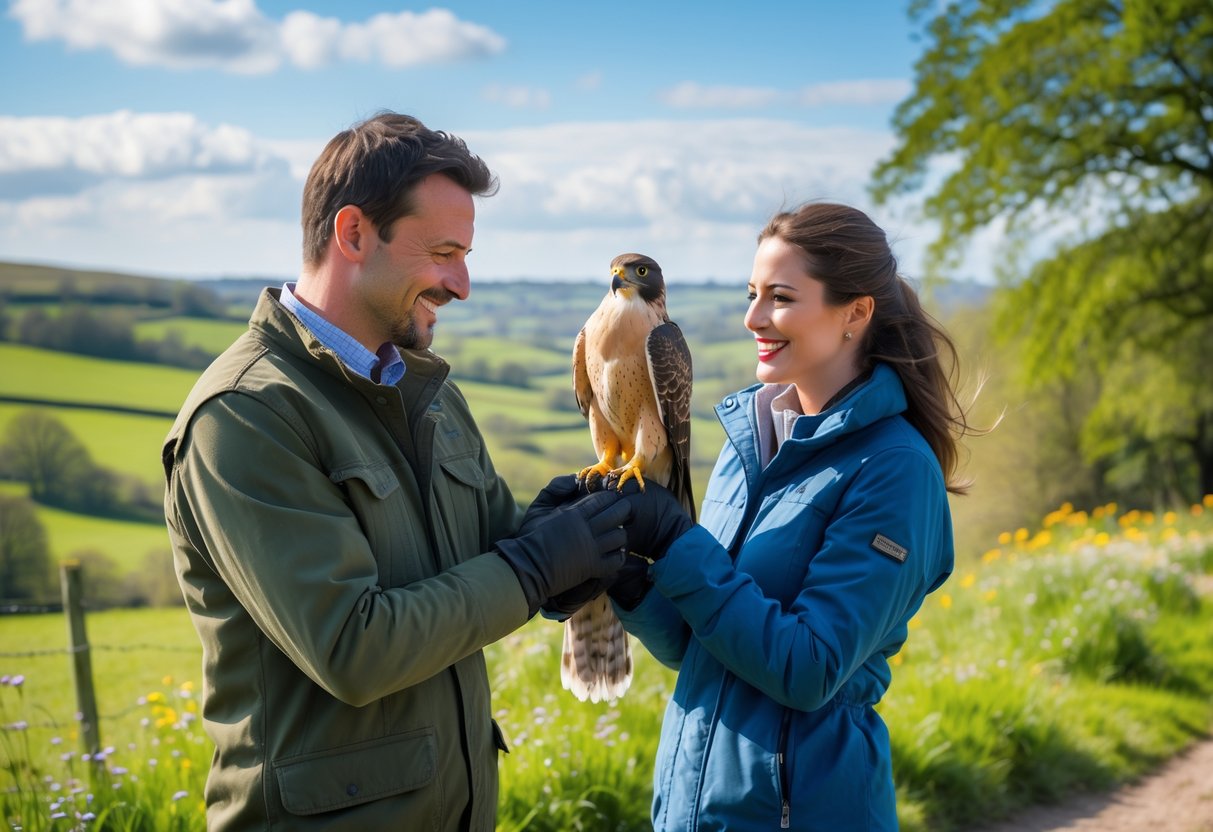 A couple outdoors in a green countryside holding a falcon during a sunny day in North East England.