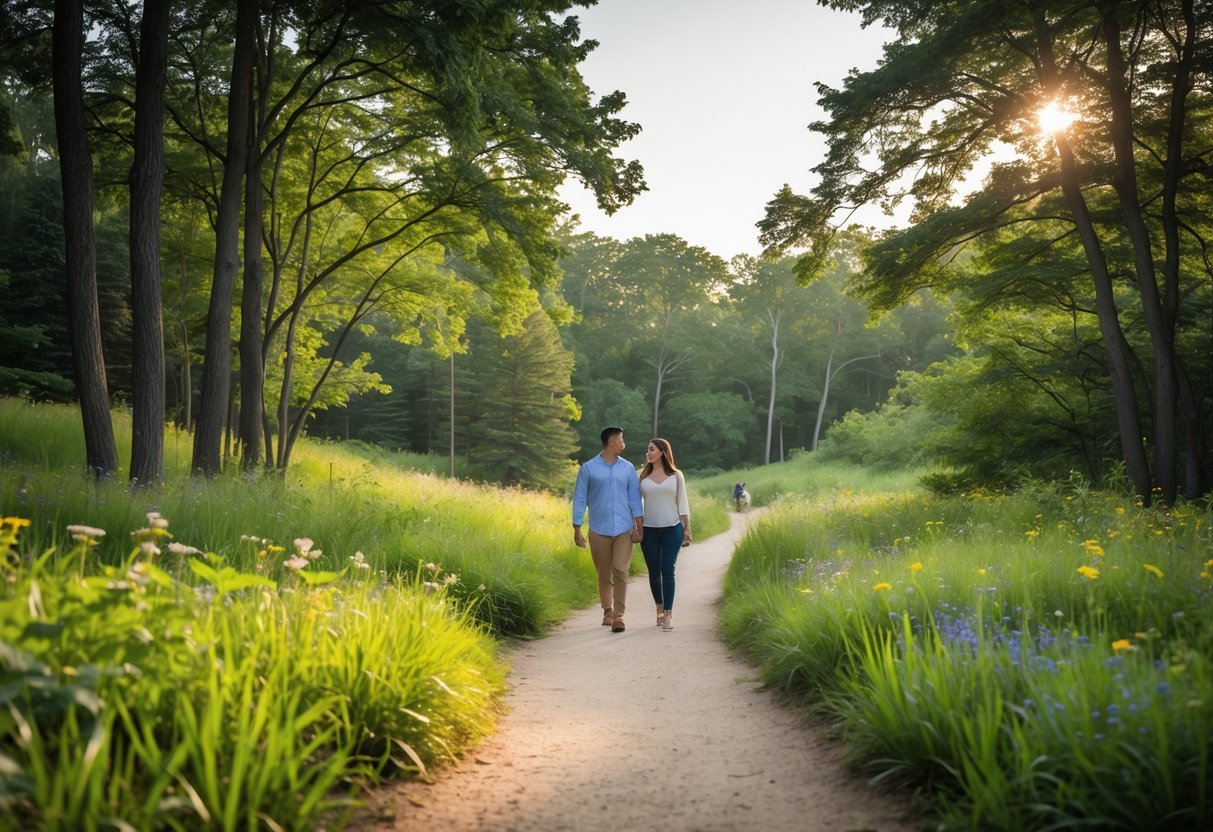 A couple walking along a forest trail surrounded by trees and wildflowers at Quarry Hill Nature Center.