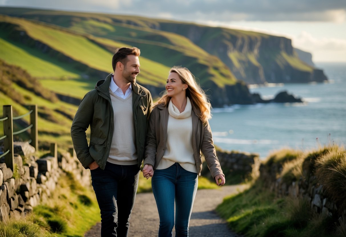 A couple walking along a coastal path with green hills and ocean cliffs in the background, smiling and enjoying a date outdoors.