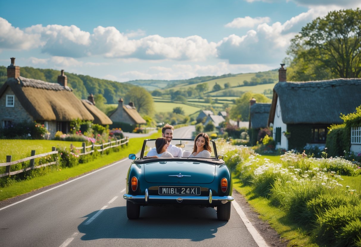 A couple driving a classic convertible along a winding country road surrounded by green fields, cottages, and rolling hills under a blue sky.